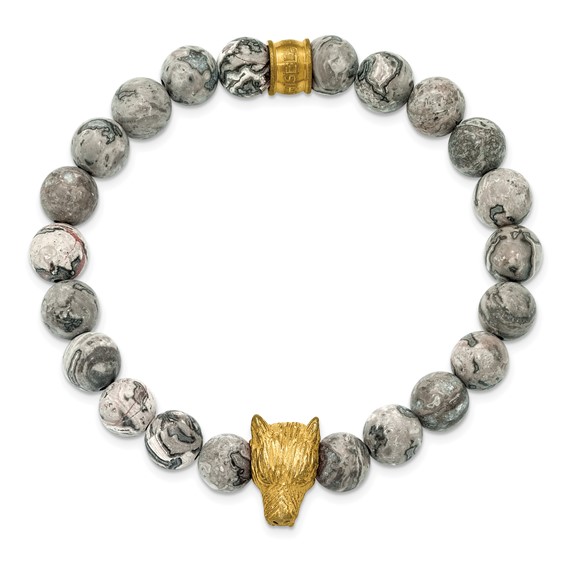 Chisel Stainless Steel Antiqued and Polished Yellow IP-plated Wolf Head Matte 8.5mm Jasper 6.75 inch Stretch Bracelet