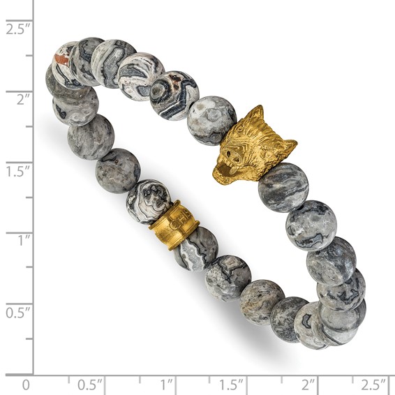Chisel Stainless Steel Antiqued and Polished Yellow IP-plated Wolf Head Matte 8.5mm Jasper 6.75 inch Stretch Bracelet