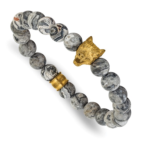 Chisel Stainless Steel Antiqued and Polished Yellow IP-plated Wolf Head Matte 8.5mm Jasper 6.75 inch Stretch Bracelet