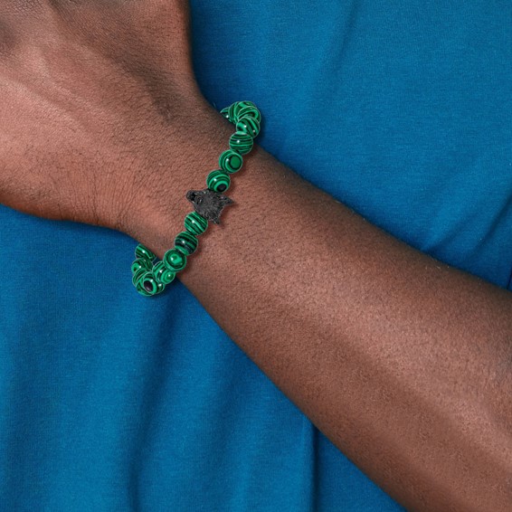 Chisel Stainless Steel Polished Black IP-plated Wolf Head 8mm Synthetic Malachite Beaded 7 inch Stretch Bracelet