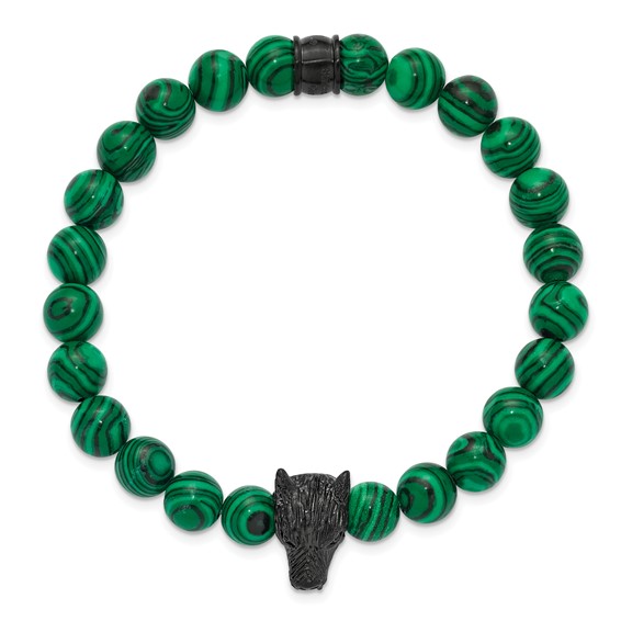 Chisel Stainless Steel Polished Black IP-plated Wolf Head 8mm Synthetic Malachite Beaded 7 inch Stretch Bracelet