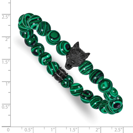 Chisel Stainless Steel Polished Black IP-plated Wolf Head 8mm Synthetic Malachite Beaded 7 inch Stretch Bracelet