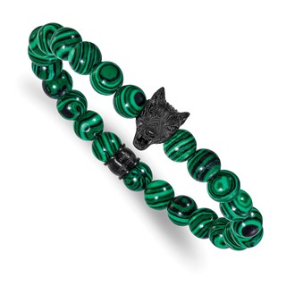 Chisel Stainless Steel Polished Black IP-plated Wolf Head 8mm Synthetic Malachite Beaded 7 inch Stretch Bracelet