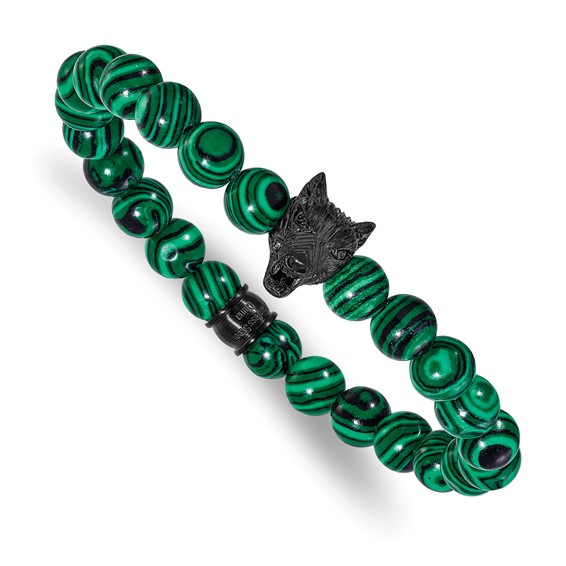 Chisel Stainless Steel Polished Black IP-plated Wolf Head 8mm Synthetic Malachite Beaded 7 inch Stretch Bracelet
