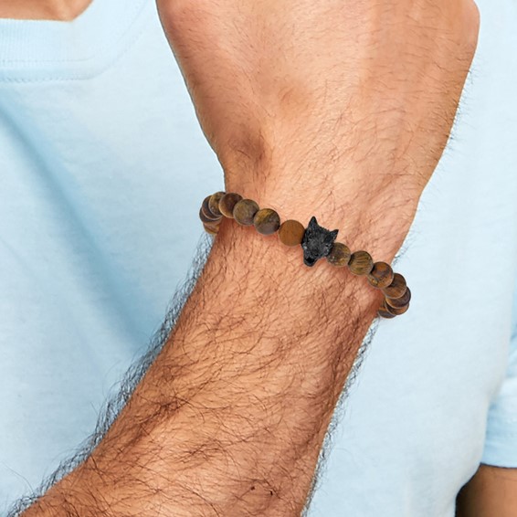 Chisel Stainless Steel Polished Black IP-plated Wolf Head 8.5mm Matte Yellow Tiger's Eye Beaded 7 inch Stretch Bracelet