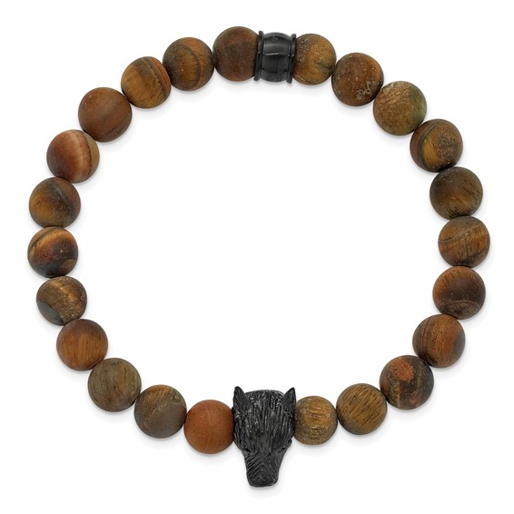Chisel Stainless Steel Polished Black IP-plated Wolf Head 8.5mm Matte Yellow Tiger's Eye Beaded 7 inch Stretch Bracelet