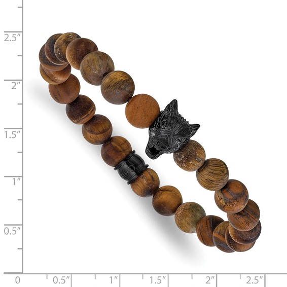 Chisel Stainless Steel Polished Black IP-plated Wolf Head 8.5mm Matte Yellow Tiger's Eye Beaded 7 inch Stretch Bracelet