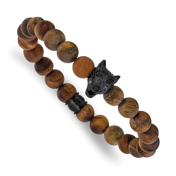 Chisel Stainless Steel Polished Black IP-plated Wolf Head 8.5mm Matte Yellow Tiger's Eye Beaded 7 inch Stretch Bracelet