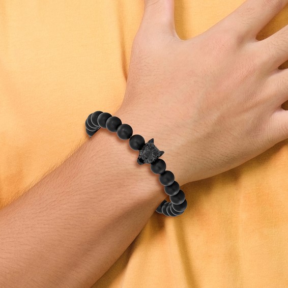 Chisel Stainless Steel Polished Black IP-plated Wolf Head Matte 8mm Black Agate Beaded 7 inch Stretch Bracelet