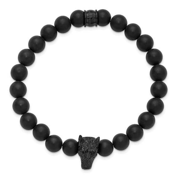 Chisel Stainless Steel Polished Black IP-plated Wolf Head Matte 8mm Black Agate Beaded 7 inch Stretch Bracelet