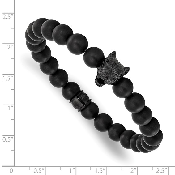 Chisel Stainless Steel Polished Black IP-plated Wolf Head Matte 8mm Black Agate Beaded 7 inch Stretch Bracelet