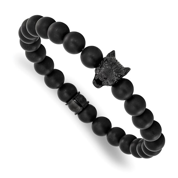 Chisel Stainless Steel Polished Black IP-plated Wolf Head Matte 8mm Black Agate Beaded 7 inch Stretch Bracelet