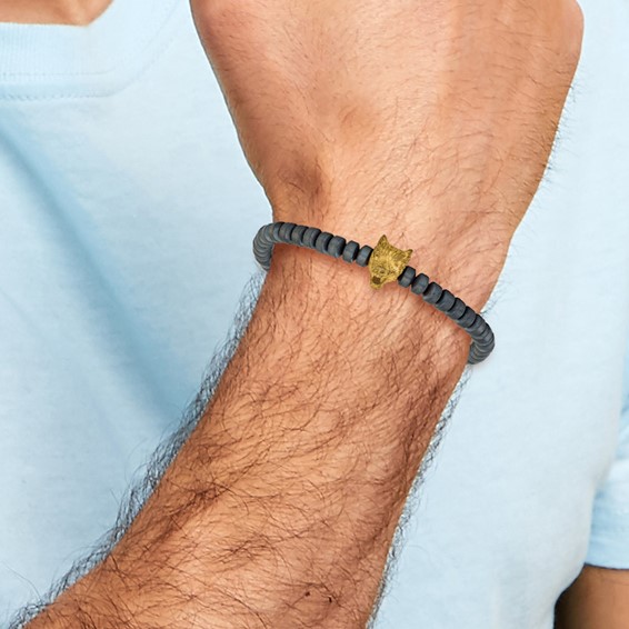 Chisel Stainless Steel Antiqued and Polished Yellow IP-plated Wolf Head Matte 6.5mm Hematite Beaded 7.25 inch Stretch Bracelet
