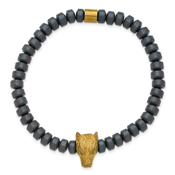 Chisel Stainless Steel Antiqued and Polished Yellow IP-plated Wolf Head Matte 6.5mm Hematite Beaded 7.25 inch Stretch Bracelet