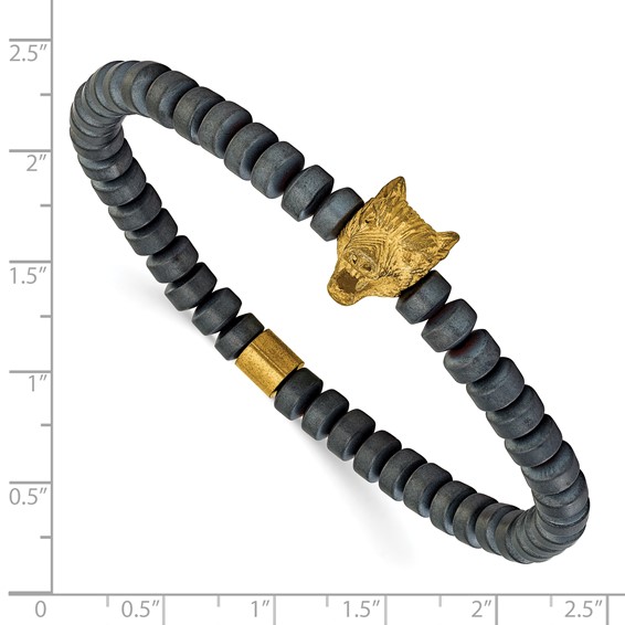 Chisel Stainless Steel Antiqued and Polished Yellow IP-plated Wolf Head Matte 6.5mm Hematite Beaded 7.25 inch Stretch Bracelet