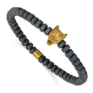Chisel Stainless Steel Antiqued and Polished Yellow IP-plated Wolf Head Matte 6.5mm Hematite Beaded 7.25 inch Stretch Bracelet