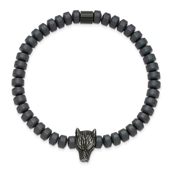 Chisel Stainless Steel Antiqued Wolf Head Matte 6.5mm Hematite Beaded 7.25 inch Stretch Bracelet