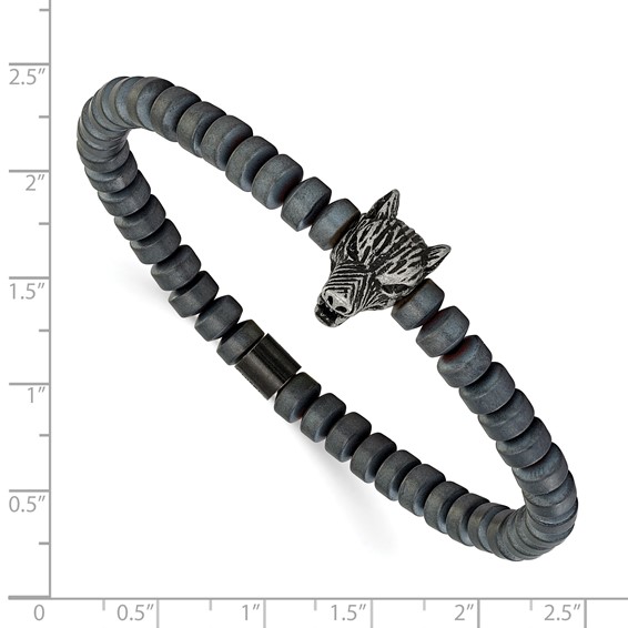 Chisel Stainless Steel Antiqued Wolf Head Matte 6.5mm Hematite Beaded 7.25 inch Stretch Bracelet