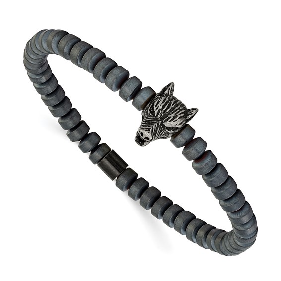 Chisel Stainless Steel Antiqued Wolf Head Matte 6.5mm Hematite Beaded 7.25 inch Stretch Bracelet