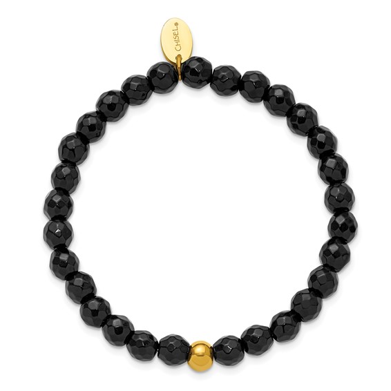 Chisel Stainless Steel Polished Yellow IP-plated 6mm Black Agate Beaded 6.25 inch Stretch Bracelet