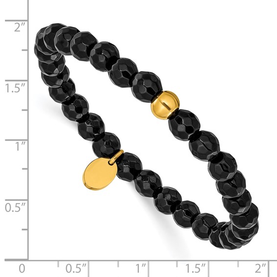 Chisel Stainless Steel Polished Yellow IP-plated 6mm Black Agate Beaded 6.25 inch Stretch Bracelet
