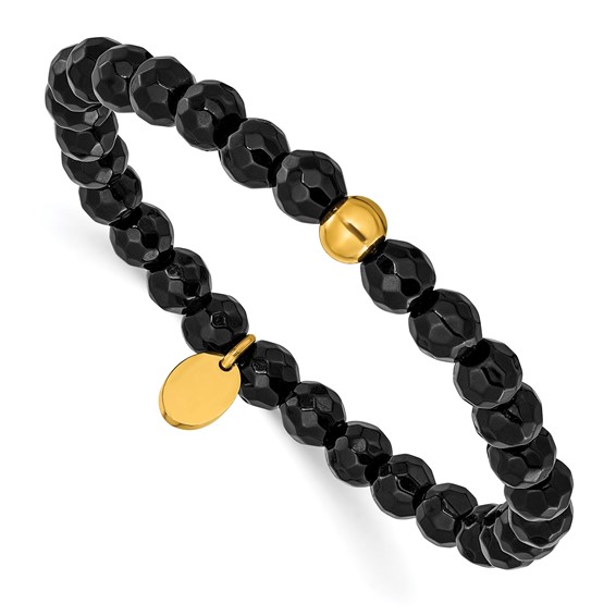 Chisel Stainless Steel Polished Yellow IP-plated 6mm Black Agate Beaded 6.25 inch Stretch Bracelet