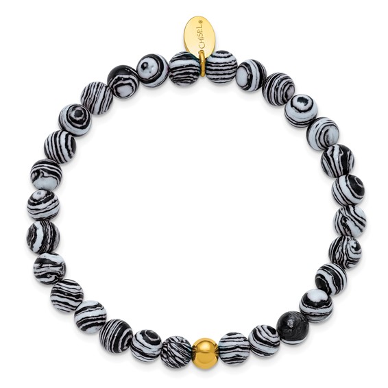Chisel Stainless Steel Polished Yellow IP-plated 6mm Black Line Agate Beaded 6.25 inch Stretch Bracelet