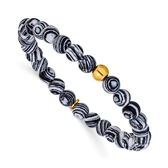 Chisel Stainless Steel Polished Yellow IP-plated 6mm Black Line Agate Beaded 6.25 inch Stretch Bracelet