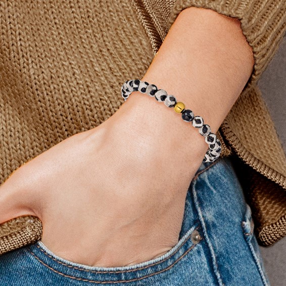 Chisel Stainless Steel Polished Yellow IP-plated 6mm Black Spot Agate Beaded 6.25 inch Stretch Bracelet