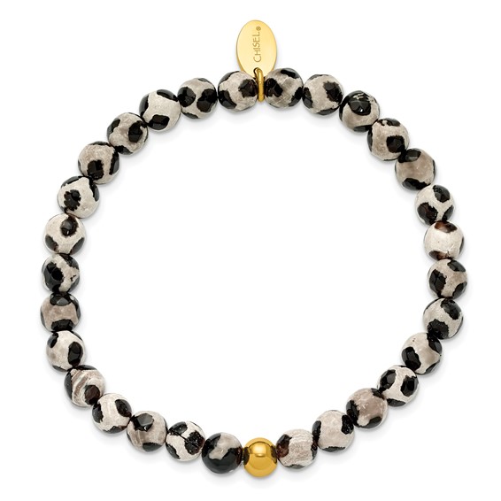Chisel Stainless Steel Polished Yellow IP-plated 6mm Black Spot Agate Beaded 6.25 inch Stretch Bracelet