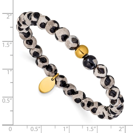 Chisel Stainless Steel Polished Yellow IP-plated 6mm Black Spot Agate Beaded 6.25 inch Stretch Bracelet