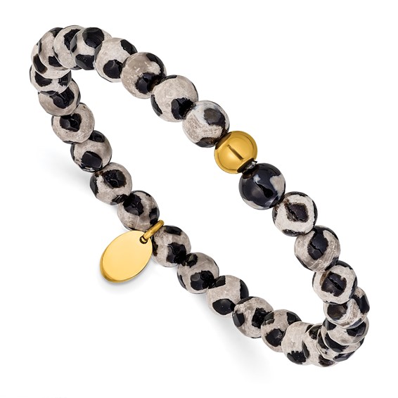 Chisel Stainless Steel Polished Yellow IP-plated 6mm Black Spot Agate Beaded 6.25 inch Stretch Bracelet