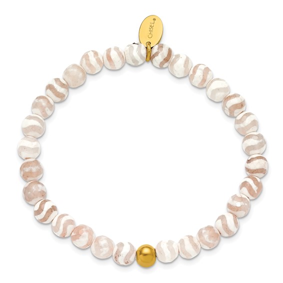 Chisel Stainless Steel Polished Yellow IP-plated 6mm White Line Agate Beaded 6.25 inch Stretch Bracelet