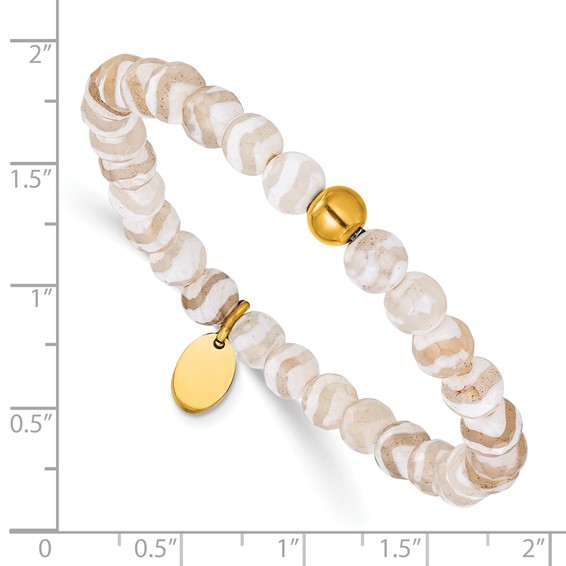 Chisel Stainless Steel Polished Yellow IP-plated 6mm White Line Agate Beaded 6.25 inch Stretch Bracelet