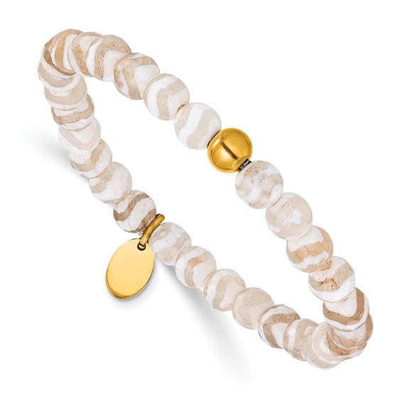 Chisel Stainless Steel Polished Yellow IP-plated 6mm White Line Agate Beaded 6.25 inch Stretch Bracelet