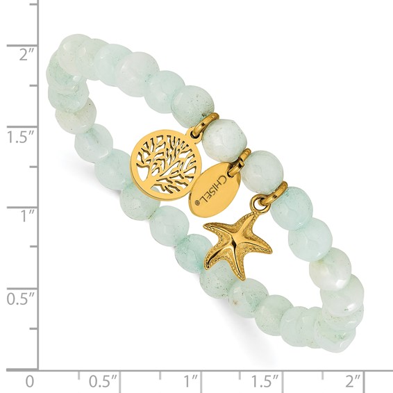 Chisel Stainless Steel Polished Yellow IP-plated Starfish and Tree of Life Dangles 6.5mm Amazon Stone Beaded 6.25 inch Stretch Bracelet