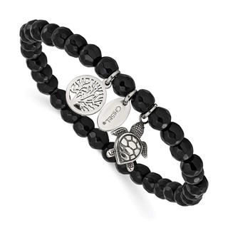 Chisel Stainless Steel Antiqued and Polished Turtle and Tree of Life Dangles 6mm Black Agate Beaded 6.25 inch Stretch Bracelet