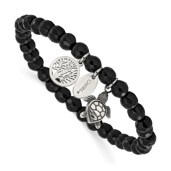 Chisel Stainless Steel Antiqued and Polished Turtle and Tree of Life Dangles 6mm Black Agate Beaded 6.25 inch Stretch Bracelet