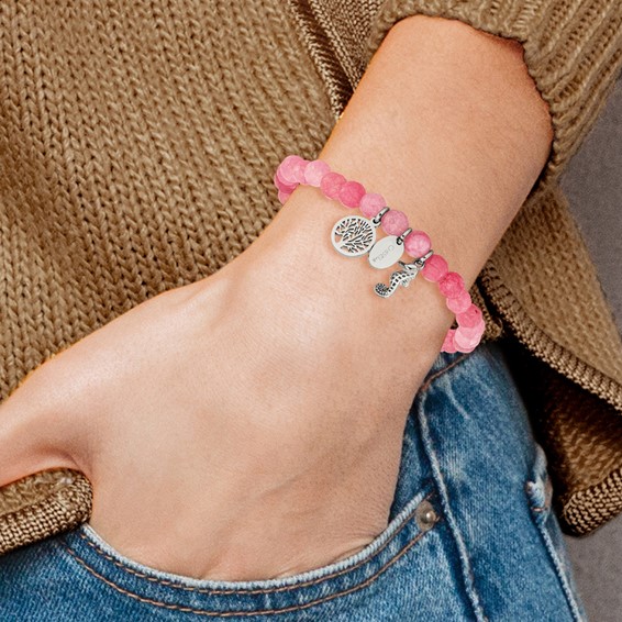 Chisel Stainless Steel Polished Seahorse and Tree of Life Dangles 6mm Pink Jade Beaded 6.25 inch Stretch Bracelet
