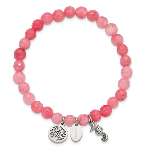 Chisel Stainless Steel Polished Seahorse and Tree of Life Dangles 6mm Pink Jade Beaded 6.25 inch Stretch Bracelet