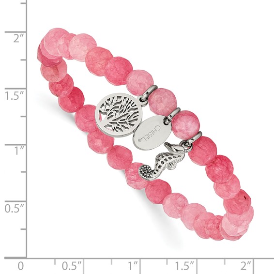 Chisel Stainless Steel Polished Seahorse and Tree of Life Dangles 6mm Pink Jade Beaded 6.25 inch Stretch Bracelet