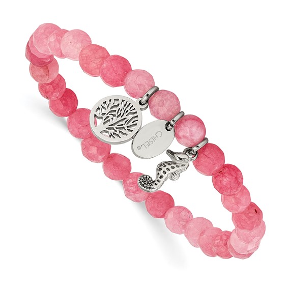 Chisel Stainless Steel Polished Seahorse and Tree of Life Dangles 6mm Pink Jade Beaded 6.25 inch Stretch Bracelet
