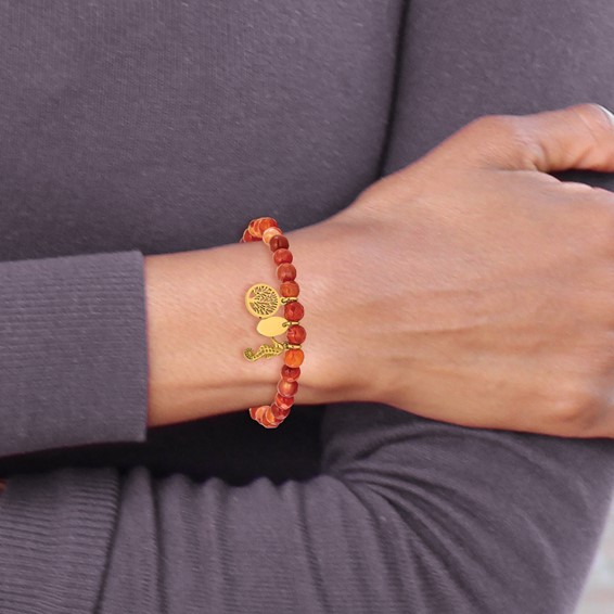 Chisel Stainless Steel Polished Yellow IP-plated Seahorse and Tree of Life Dangles 6mm Red Agate Beaded 6.25 inch Stretch Bracelet