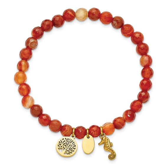 Chisel Stainless Steel Polished Yellow IP-plated Seahorse and Tree of Life Dangles 6mm Red Agate Beaded 6.25 inch Stretch Bracelet