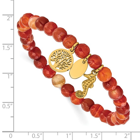 Chisel Stainless Steel Polished Yellow IP-plated Seahorse and Tree of Life Dangles 6mm Red Agate Beaded 6.25 inch Stretch Bracelet