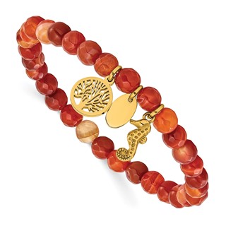 Chisel Stainless Steel Polished Yellow IP-plated Seahorse and Tree of Life Dangles 6mm Red Agate Beaded 6.25 inch Stretch Bracelet