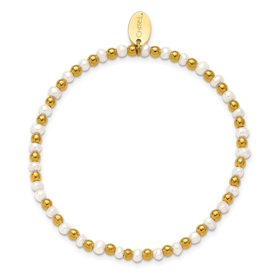 Chisel Stainless Steel Polished Yellow IP-plated 3mm White Freshwater Cultured Pearl Beaded 6.5 inch Stretch Bracelet