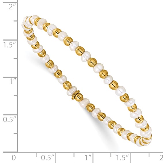 Chisel Stainless Steel Polished Yellow IP-plated 3mm White Freshwater Cultured Pearl Beaded 6.5 inch Stretch Bracelet