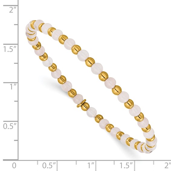 Chisel Stainless Steel Polished Yellow IP-plated 3mm Pink Quartz Beaded 6.25 inch Stretch Bracelet