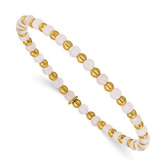 Chisel Stainless Steel Polished Yellow IP-plated 3mm Pink Quartz Beaded 6.25 inch Stretch Bracelet